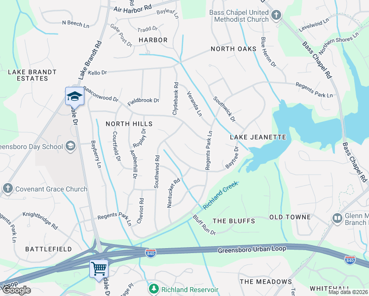 map of restaurants, bars, coffee shops, grocery stores, and more near 9 Mainsail Court in Greensboro