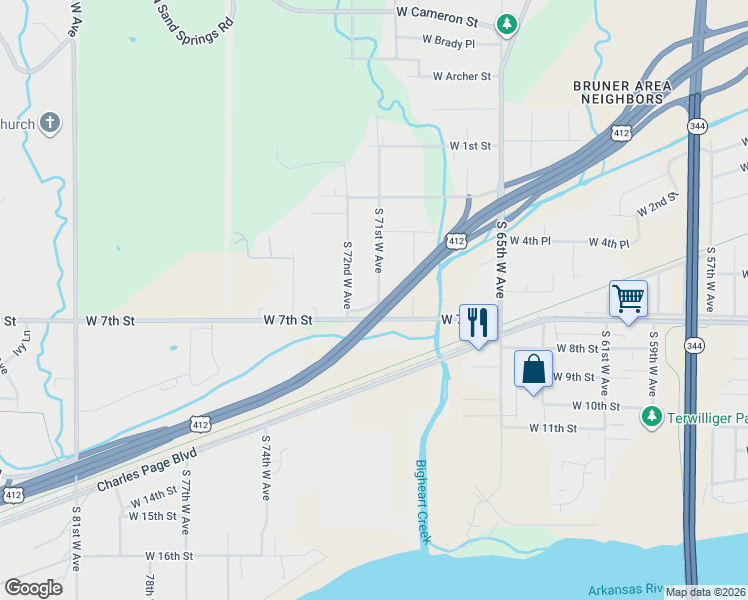 map of restaurants, bars, coffee shops, grocery stores, and more near 508 South 71st West Avenue in Tulsa