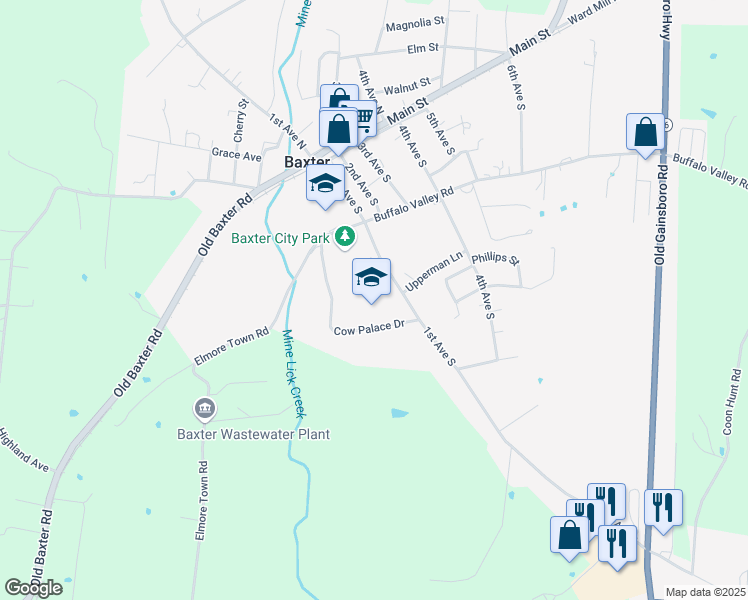 map of restaurants, bars, coffee shops, grocery stores, and more near 371 1st Avenue South in Baxter