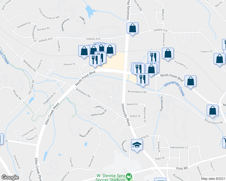 map of restaurants, bars, coffee shops, grocery stores, and more near 1239 Collegian Terrace in Winston-Salem