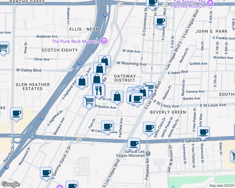 map of restaurants, bars, coffee shops, grocery stores, and more near 230 West Saint Louis Avenue in Las Vegas