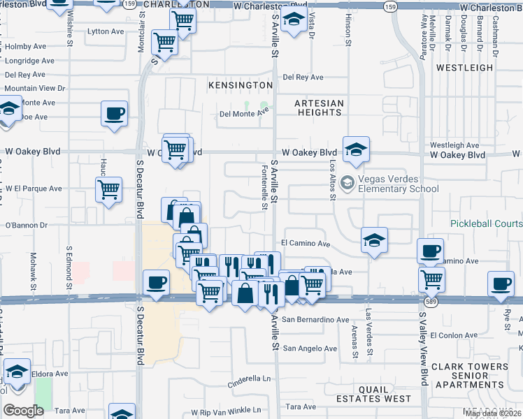 map of restaurants, bars, coffee shops, grocery stores, and more near 2101 Fontenelle Street in Las Vegas