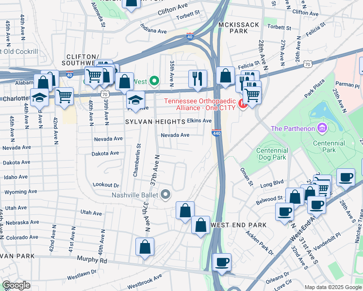 map of restaurants, bars, coffee shops, grocery stores, and more near 3429 Dakota Avenue in Nashville