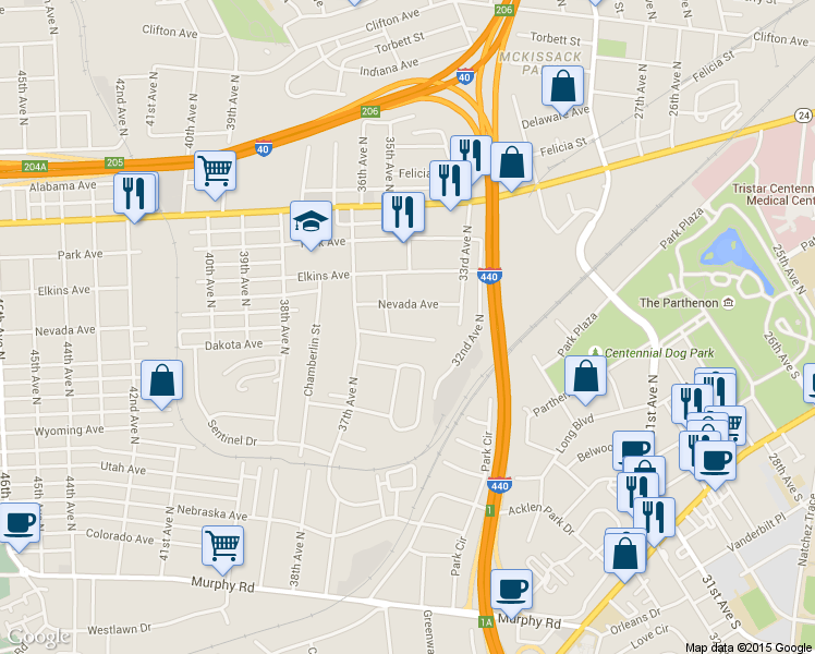 map of restaurants, bars, coffee shops, grocery stores, and more near 3429 Dakota Avenue in Nashville