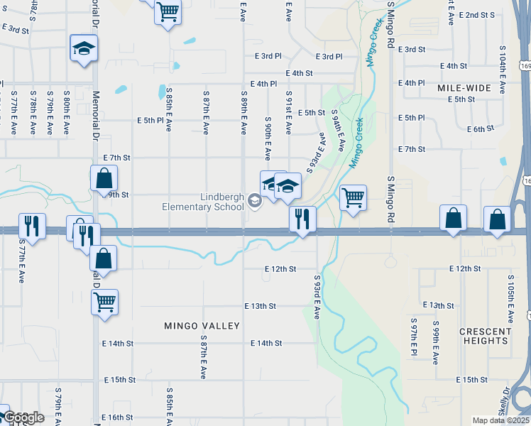 map of restaurants, bars, coffee shops, grocery stores, and more near 931 South 89th East Avenue in Tulsa