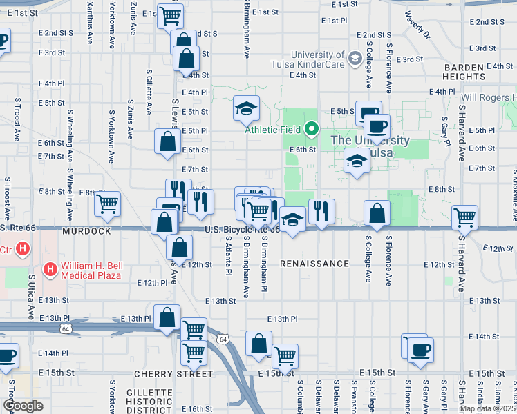 map of restaurants, bars, coffee shops, grocery stores, and more near 2602 East 10th Street in Tulsa