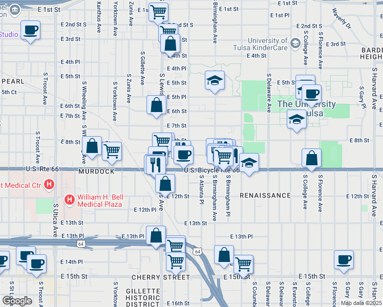 map of restaurants, bars, coffee shops, grocery stores, and more near 2518 East 10th Street in Tulsa