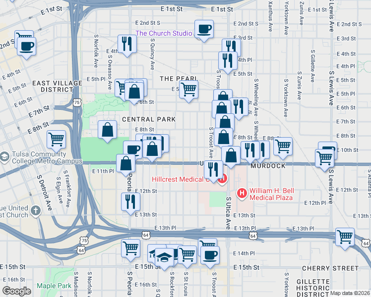 map of restaurants, bars, coffee shops, grocery stores, and more near 1010 South Saint Louis Avenue in Tulsa