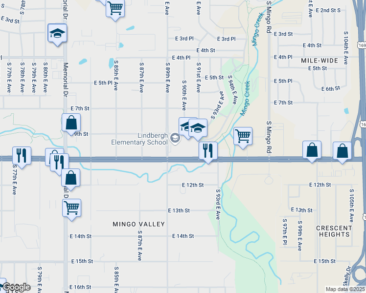 map of restaurants, bars, coffee shops, grocery stores, and more near 931 South 89th East Avenue in Tulsa