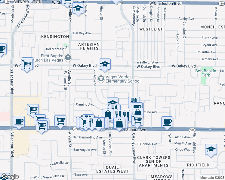 map of restaurants, bars, coffee shops, grocery stores, and more near 2008 El Mirador Street in Las Vegas