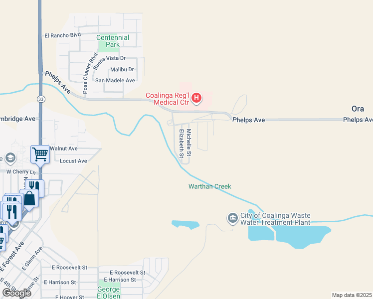 map of restaurants, bars, coffee shops, grocery stores, and more near 1371 Michelle Street in Coalinga