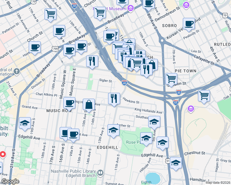 map of restaurants, bars, coffee shops, grocery stores, and more near in Nashville