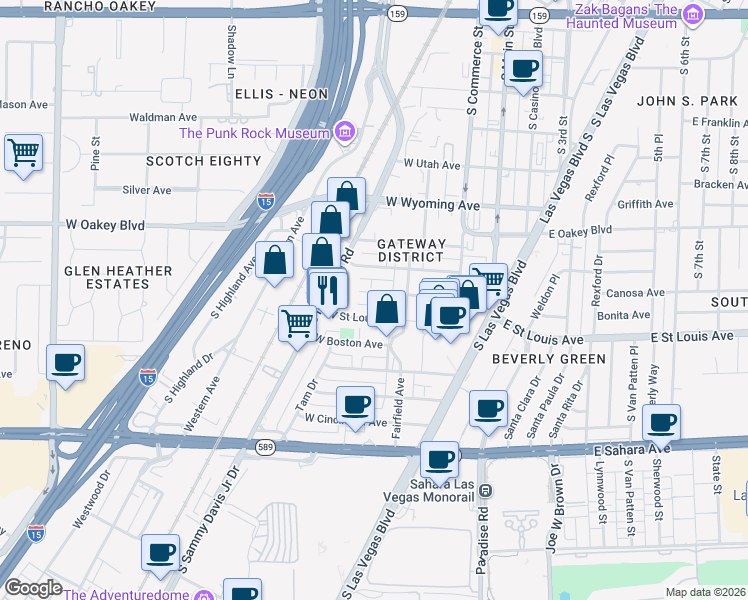 map of restaurants, bars, coffee shops, grocery stores, and more near 231 West Philadelphia Avenue in Las Vegas