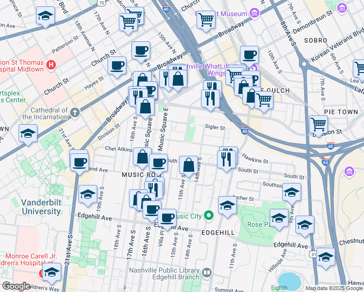 map of restaurants, bars, coffee shops, grocery stores, and more near 1 Music Circle South in Nashville
