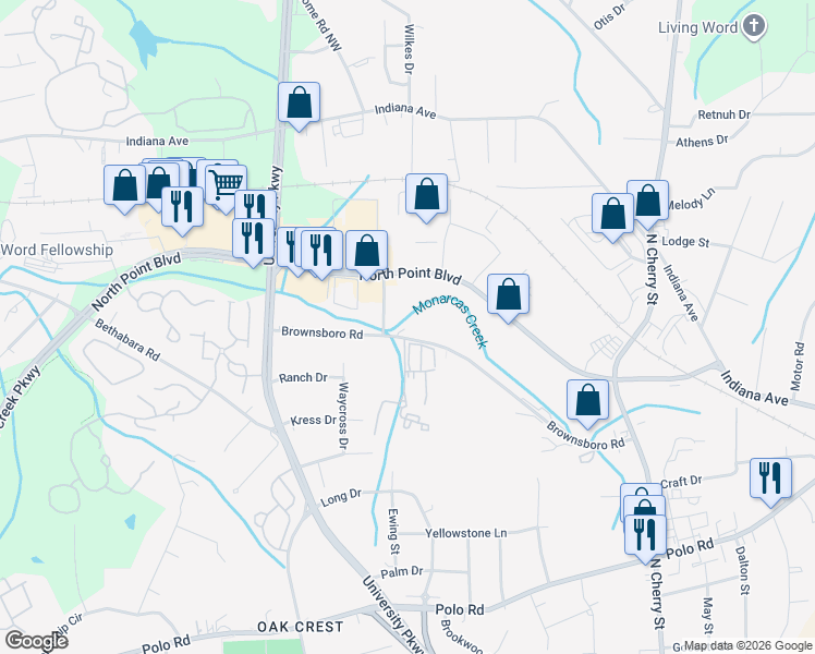 map of restaurants, bars, coffee shops, grocery stores, and more near 4295 Brownsboro Road in Winston-Salem