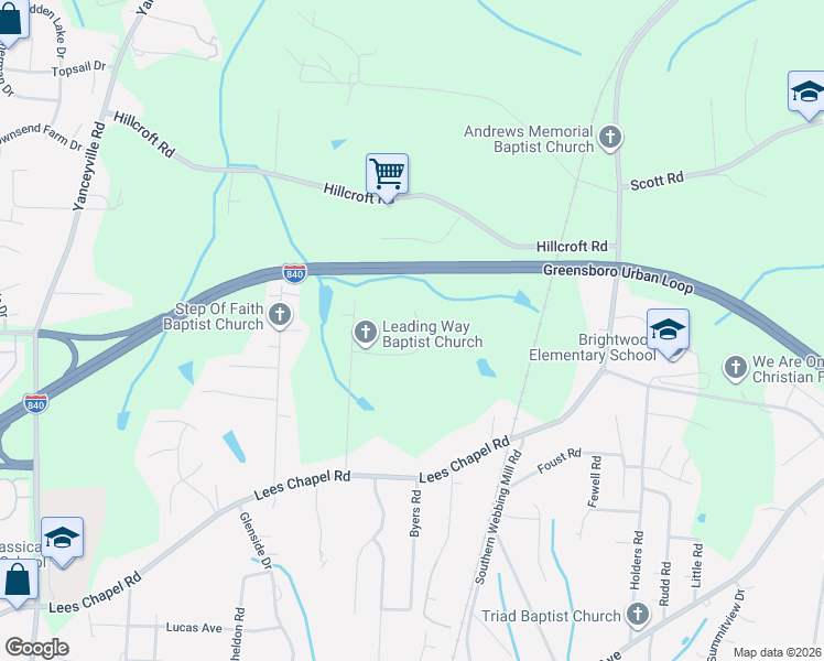 map of restaurants, bars, coffee shops, grocery stores, and more near 5100 Minnow Road in Greensboro