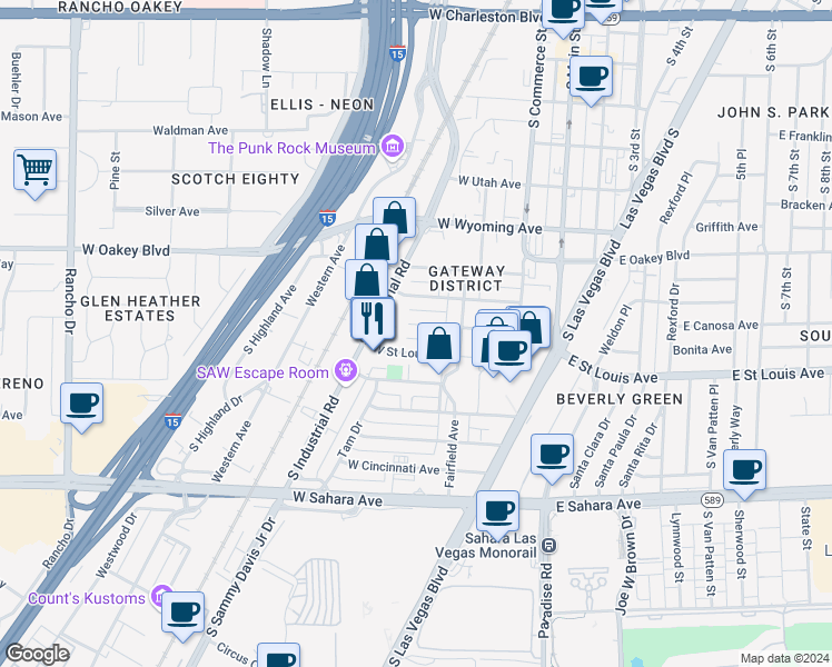 map of restaurants, bars, coffee shops, grocery stores, and more near 239 West Philadelphia Avenue in Las Vegas
