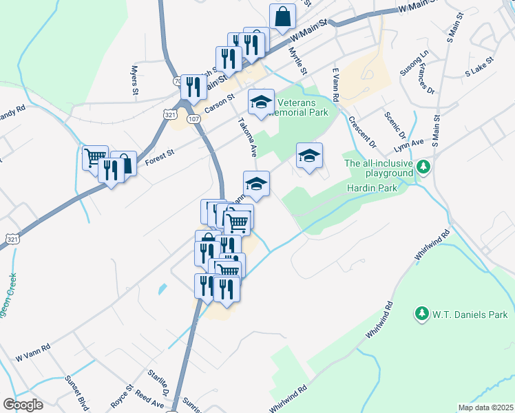 map of restaurants, bars, coffee shops, grocery stores, and more near 433 East Vann Road in Greeneville