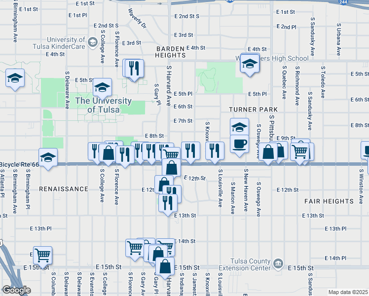 map of restaurants, bars, coffee shops, grocery stores, and more near 831 South Indianapolis Avenue in Tulsa