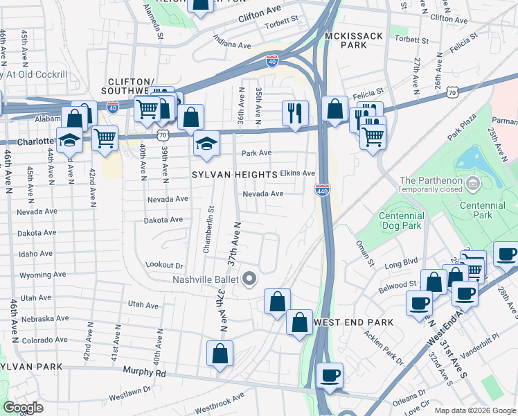 map of restaurants, bars, coffee shops, grocery stores, and more near 3429 Dakota Avenue in Nashville