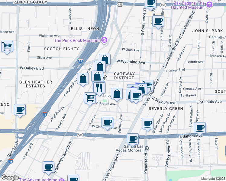 map of restaurants, bars, coffee shops, grocery stores, and more near 231 West Philadelphia Avenue in Las Vegas
