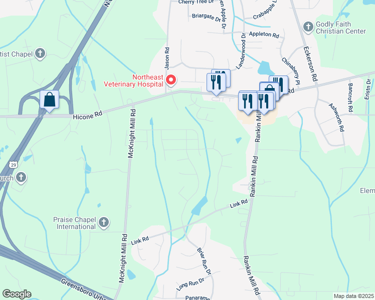 map of restaurants, bars, coffee shops, grocery stores, and more near 4622 McKnight Mill Road in Greensboro