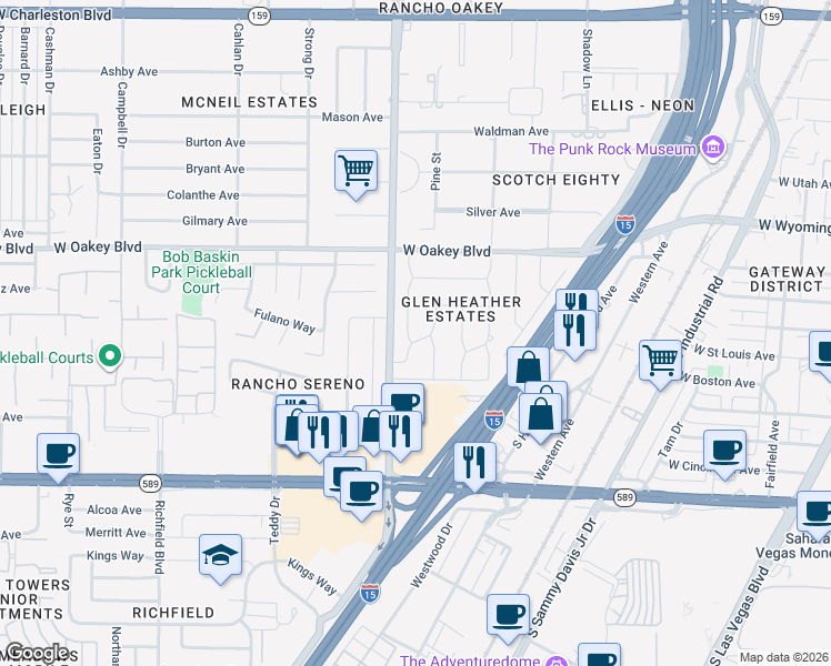 map of restaurants, bars, coffee shops, grocery stores, and more near 1605 Kirkland Avenue in Las Vegas