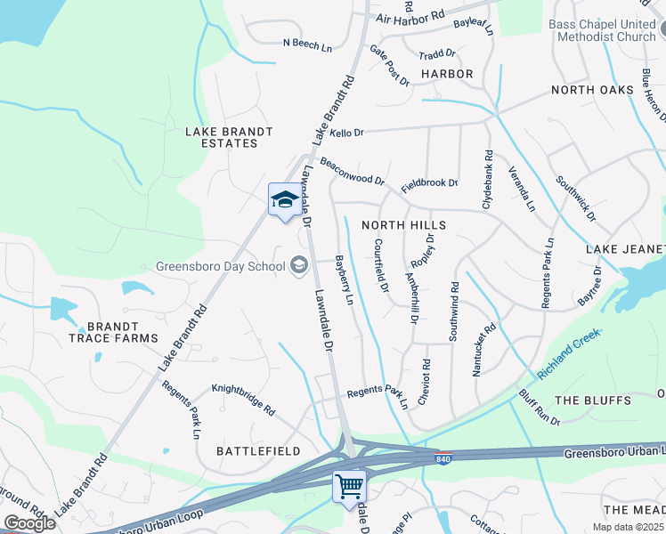 map of restaurants, bars, coffee shops, grocery stores, and more near 5219 Bayberry Lane in Greensboro