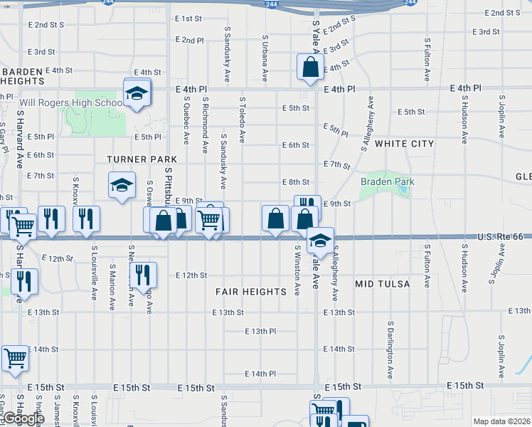 map of restaurants, bars, coffee shops, grocery stores, and more near 934 South Vandalia Avenue in Tulsa
