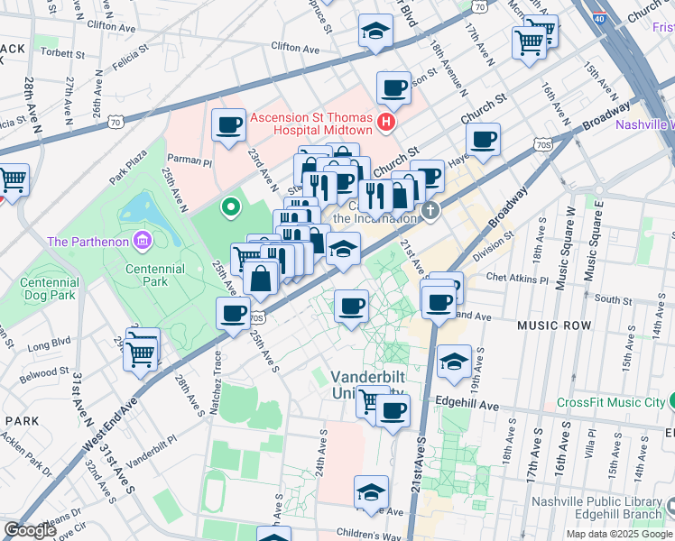 map of restaurants, bars, coffee shops, grocery stores, and more near in Nashville
