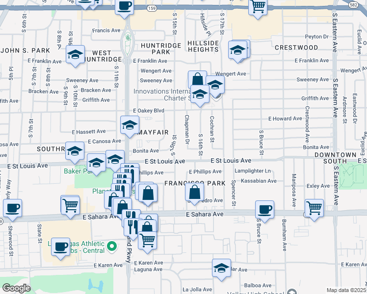 map of restaurants, bars, coffee shops, grocery stores, and more near 1905 South 15th Street in Las Vegas