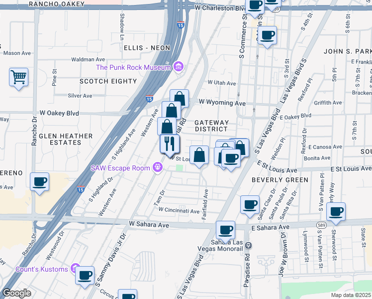 map of restaurants, bars, coffee shops, grocery stores, and more near 230 West Saint Louis Avenue in Las Vegas