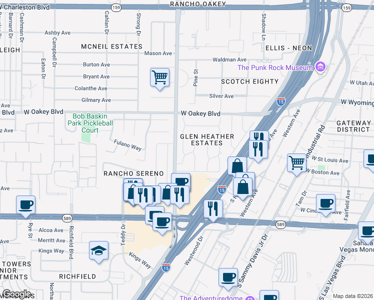 map of restaurants, bars, coffee shops, grocery stores, and more near 1605 Kirkland Avenue in Las Vegas