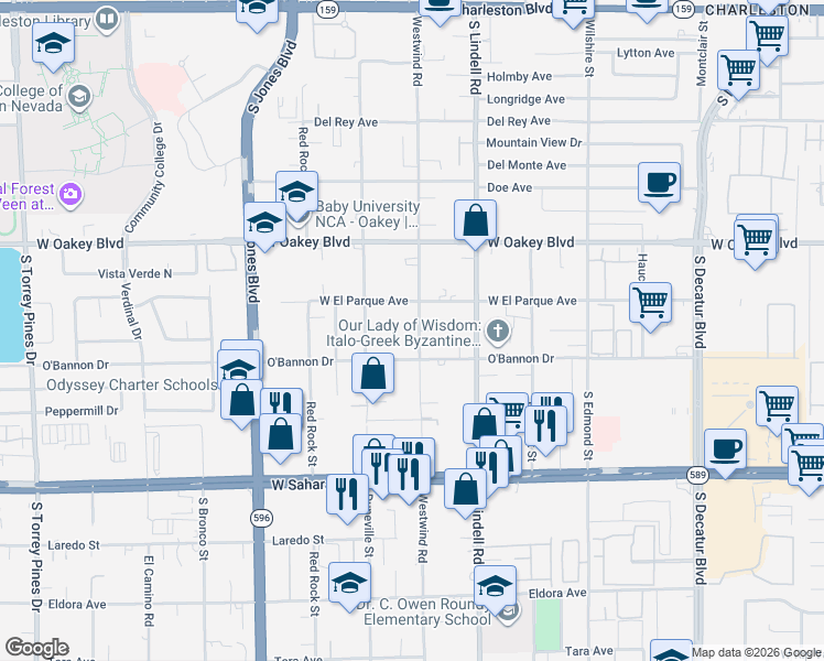 map of restaurants, bars, coffee shops, grocery stores, and more near 5706 O'Bannon Drive in Las Vegas