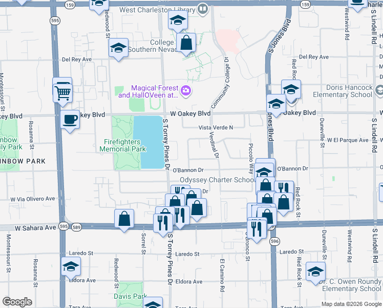 map of restaurants, bars, coffee shops, grocery stores, and more near 6325 Stonegate Way in Las Vegas