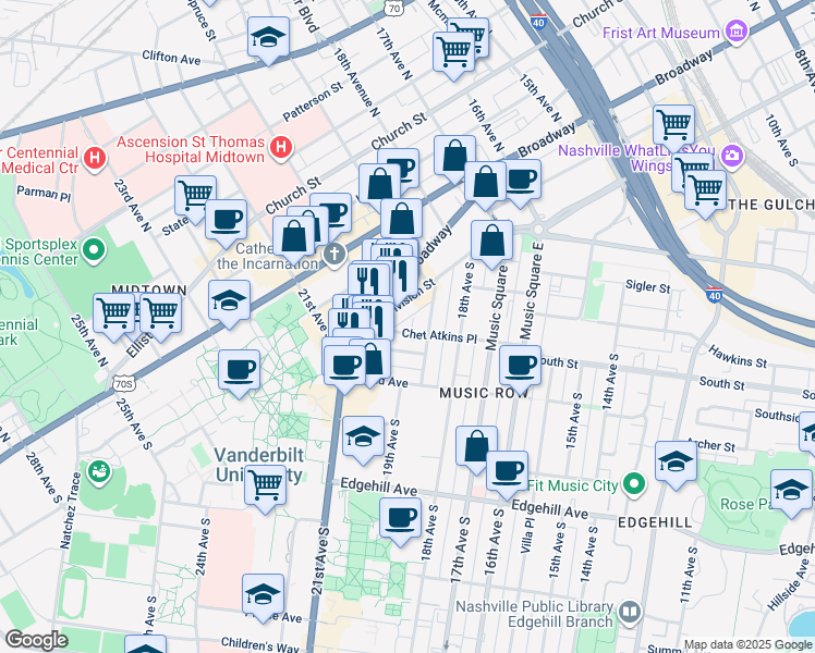 map of restaurants, bars, coffee shops, grocery stores, and more near 900 20th Avenue South in Nashville