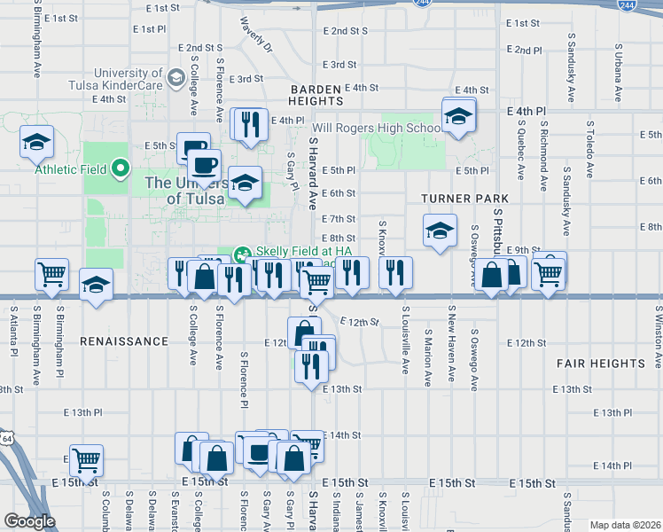 map of restaurants, bars, coffee shops, grocery stores, and more near 845 South Harvard Avenue in Tulsa