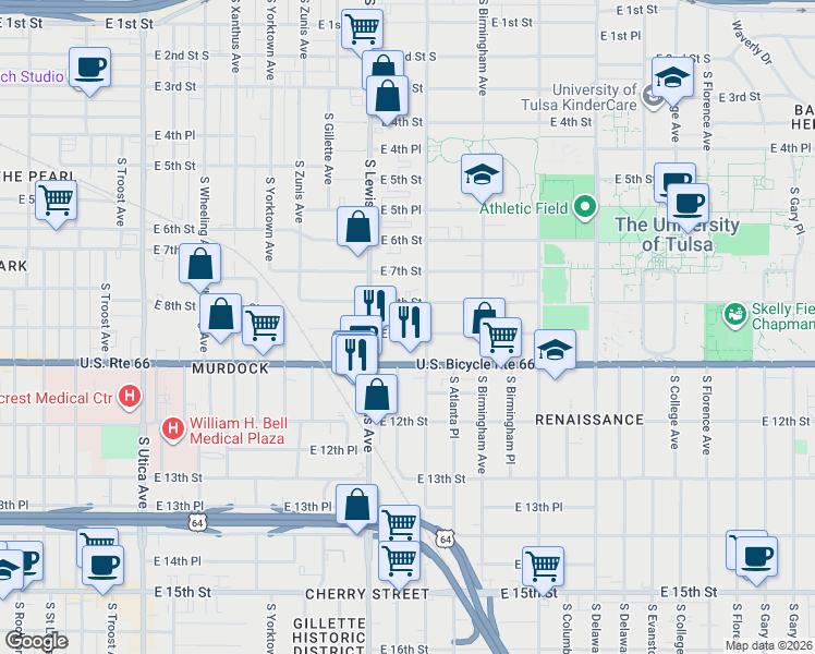 map of restaurants, bars, coffee shops, grocery stores, and more near 2436 East 10th Street in Tulsa
