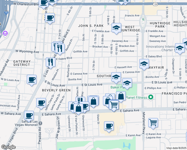 map of restaurants, bars, coffee shops, grocery stores, and more near 700 East Canosa Avenue in Las Vegas