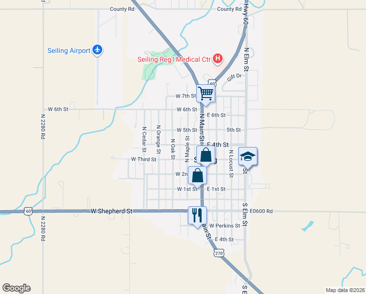 map of restaurants, bars, coffee shops, grocery stores, and more near 204 3rd Street in Seiling
