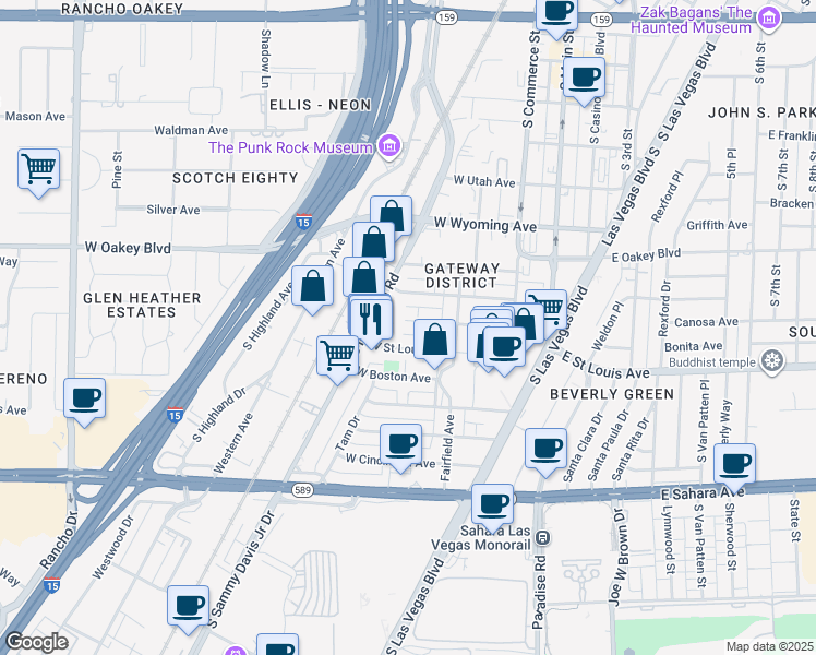 map of restaurants, bars, coffee shops, grocery stores, and more near 241 West Philadelphia Avenue in Las Vegas