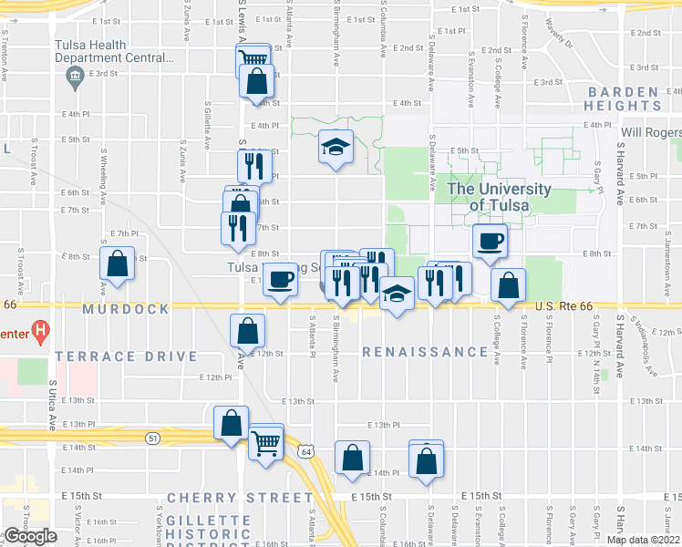 map of restaurants, bars, coffee shops, grocery stores, and more near 819 South Birmingham Avenue in Tulsa