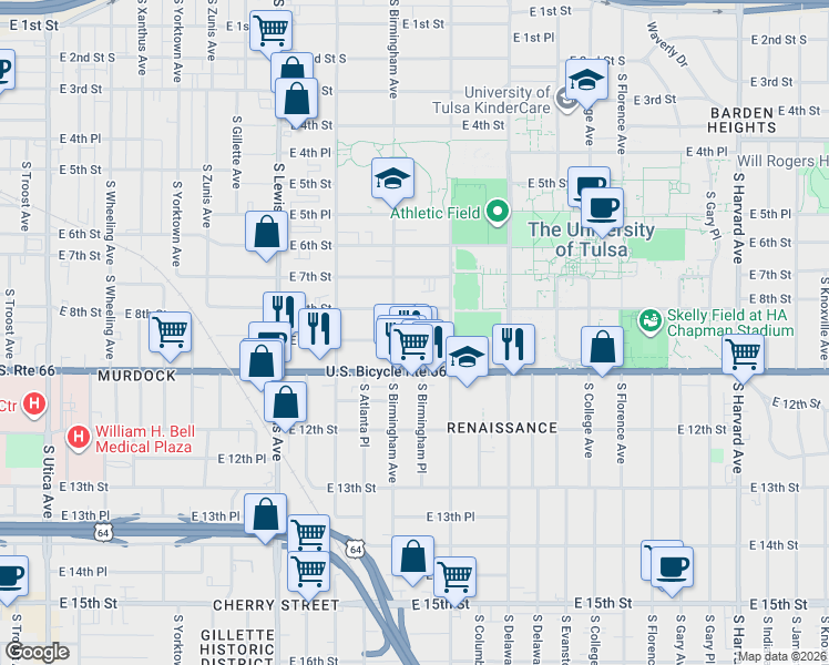 map of restaurants, bars, coffee shops, grocery stores, and more near 2602 East 10th Street in Tulsa