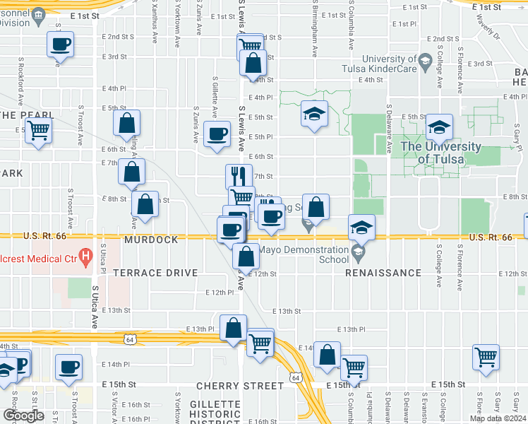 map of restaurants, bars, coffee shops, grocery stores, and more near 2431 East 10th Street in Tulsa