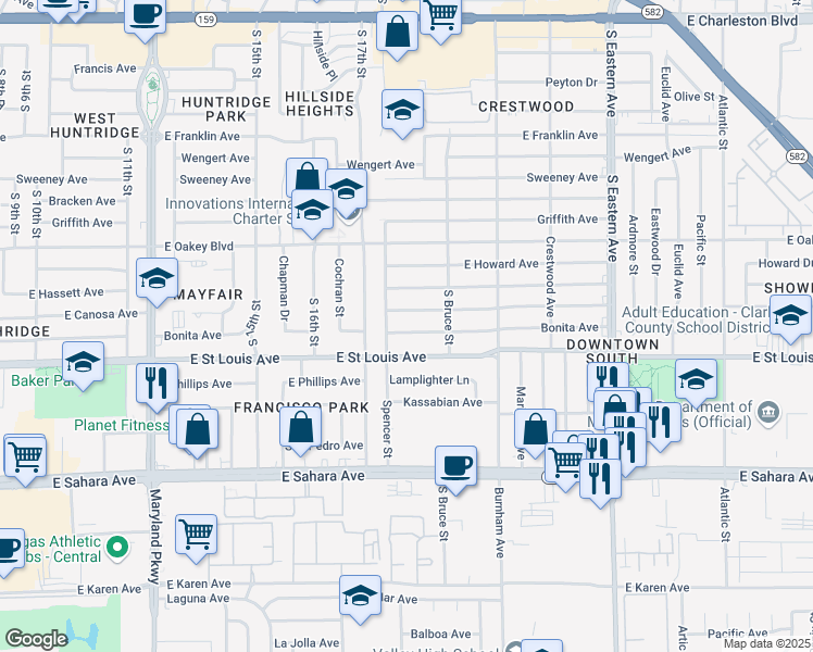 map of restaurants, bars, coffee shops, grocery stores, and more near 1713 Bonita Avenue in Las Vegas