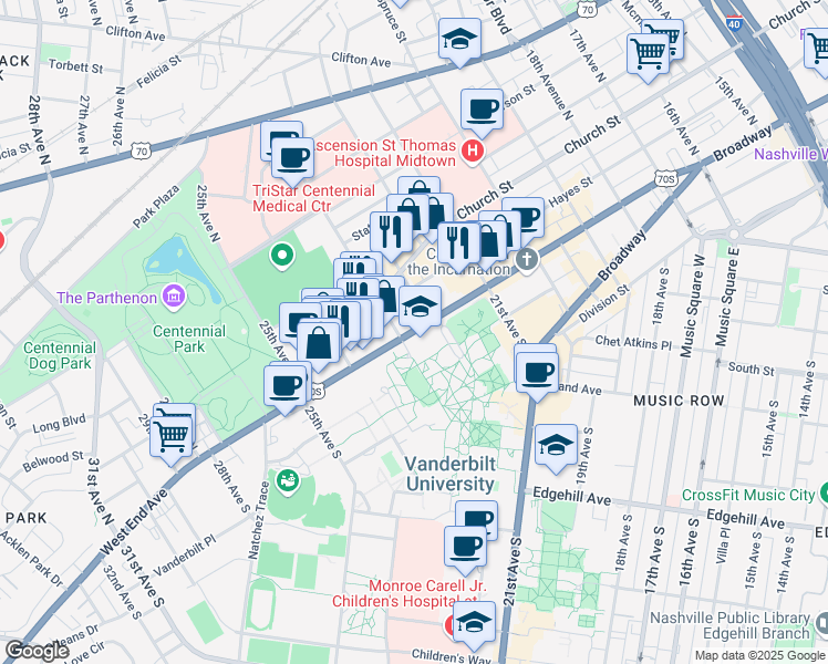 map of restaurants, bars, coffee shops, grocery stores, and more near 2205 West End Avenue in Nashville