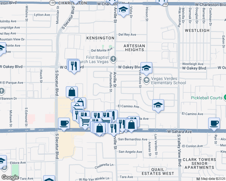 map of restaurants, bars, coffee shops, grocery stores, and more near 2005 Fontenelle Street in Las Vegas