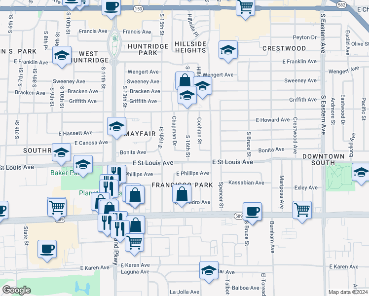 map of restaurants, bars, coffee shops, grocery stores, and more near 1904 South 16th Street in Las Vegas