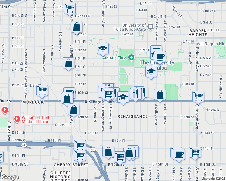 map of restaurants, bars, coffee shops, grocery stores, and more near 2631 East 10th Street in Tulsa