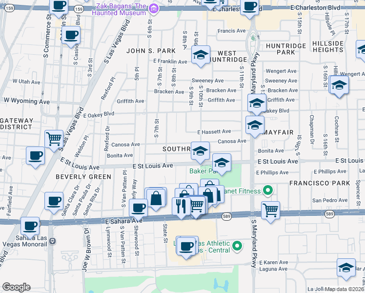 map of restaurants, bars, coffee shops, grocery stores, and more near 820 Canosa Avenue in Las Vegas